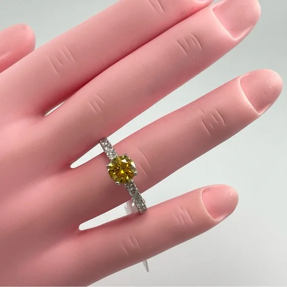 1ct Certified Yellow Moissanite Round Cut Sterling Silver Engagement Ring